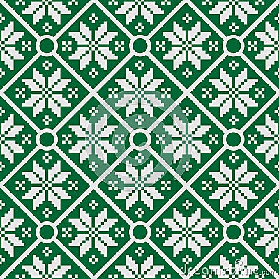 Vector seamless geometrical pattern with white knitted snowflakes on green background. Vector Illustration